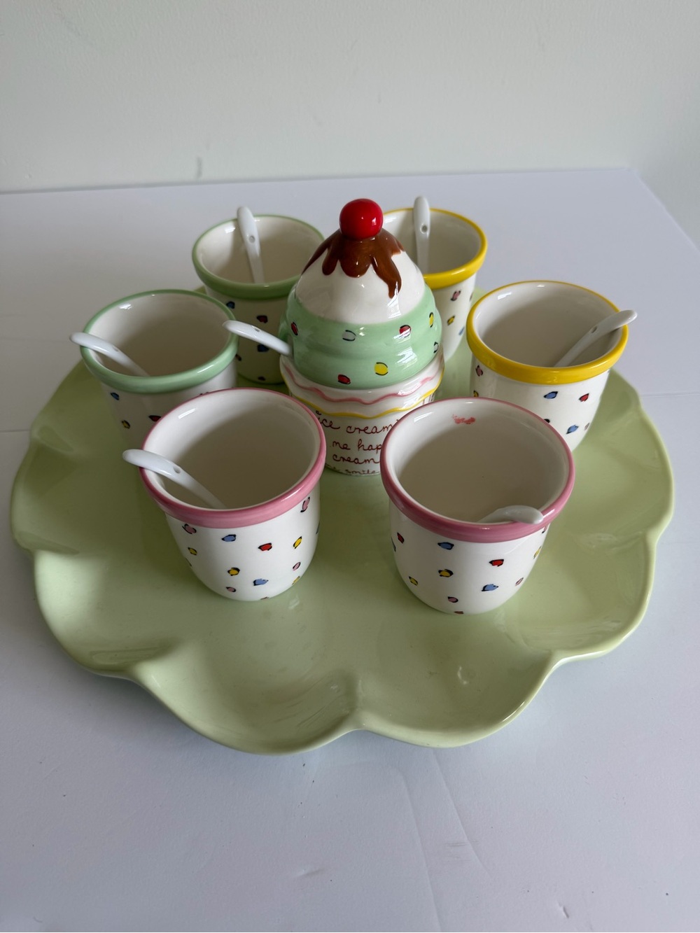 ALCO 11-Piece Ceramic Ice Cream Serving Set Cups Spoons With Pastel Serving Tray